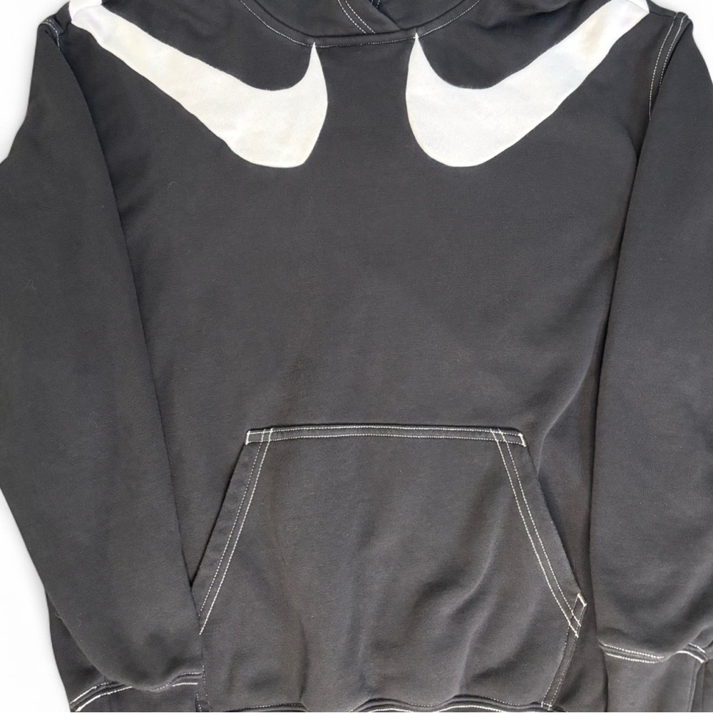 Nike Washed Black Double Swoosh Fleece Hoodie XS Oversized Logo Streetwear